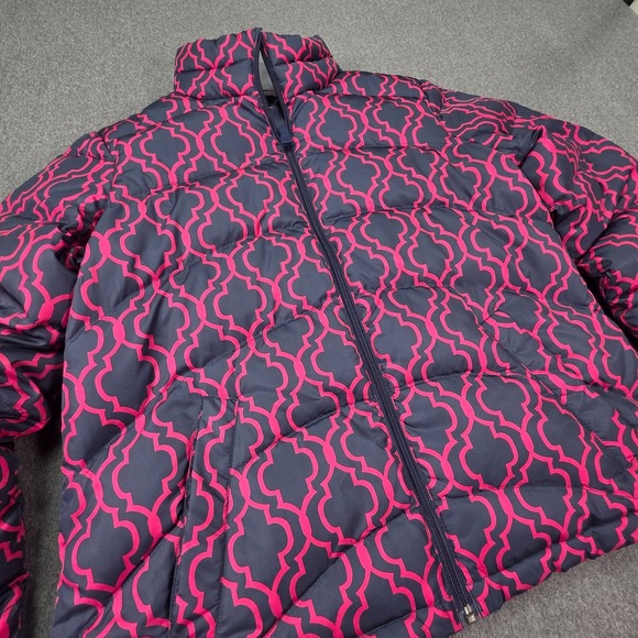 Lands End Down Puffer Jacket Sz M 10 12 Quilted Navy Pink Geometric Womens Coat - Picture 1 of 8